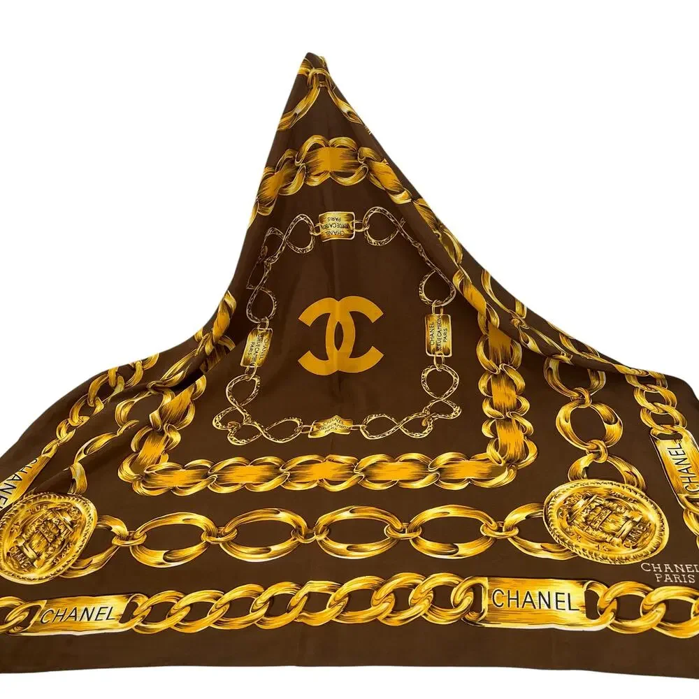 CHANEL PARIS Brown/Gold Silk Scarf Chain Print 34" Square Luxury Old Money - Picture 1 of 3